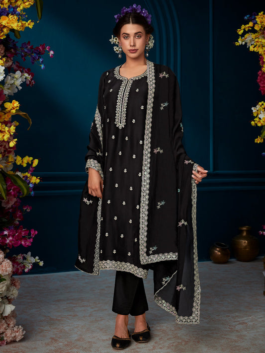 Women Black Straight Embroidered Kurta Trousers With Dupatta Set