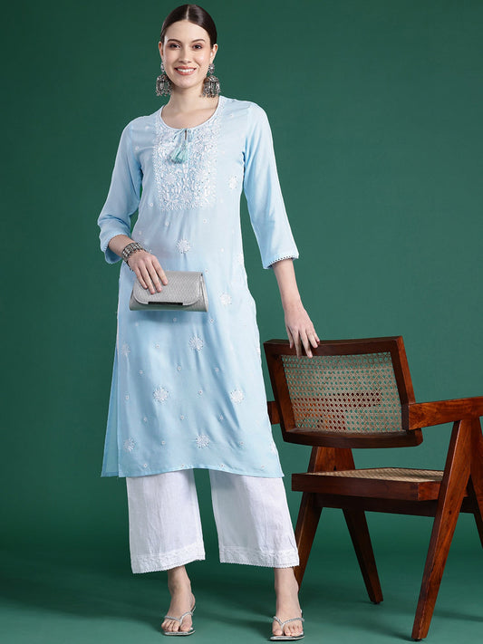 Women Blue Embroidered Straight Kurtas