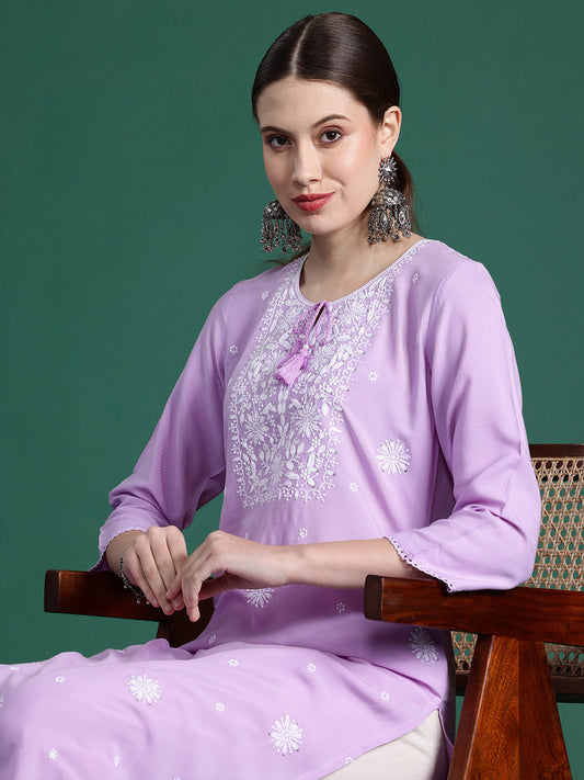 Women Purple Embroidered Straight Kurtas