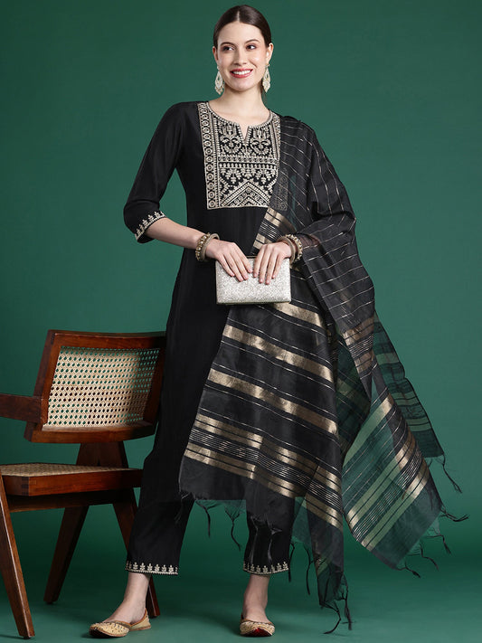 Women Black Embroidered Straight Kurta Trousers With Dupatta Set