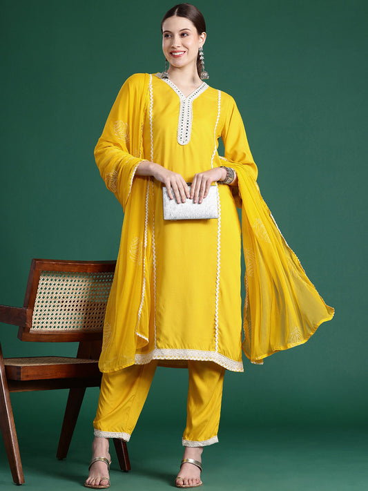 Women Yellow Embroidered Straight Kurta Trousers With Dupatta Set