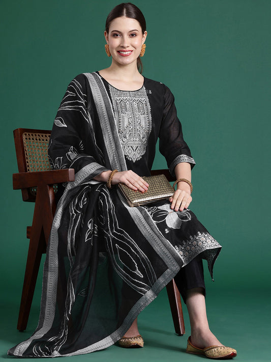 Women Black Woven Design Straight Kurta Trousers Set