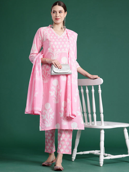 Women Pink Printed Straight Kurta Trousers With Dupatta Set