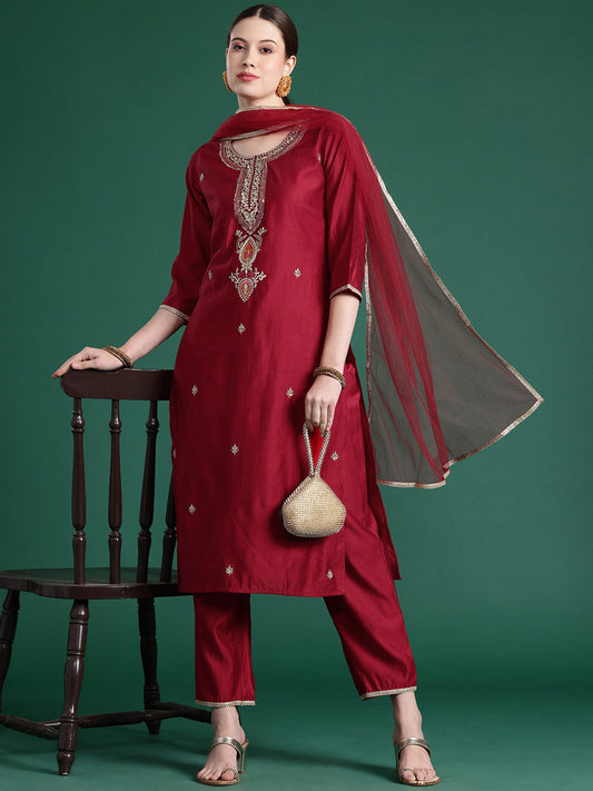 Women Red Embroidered Straight Kurta Trousers With Dupatta  Set