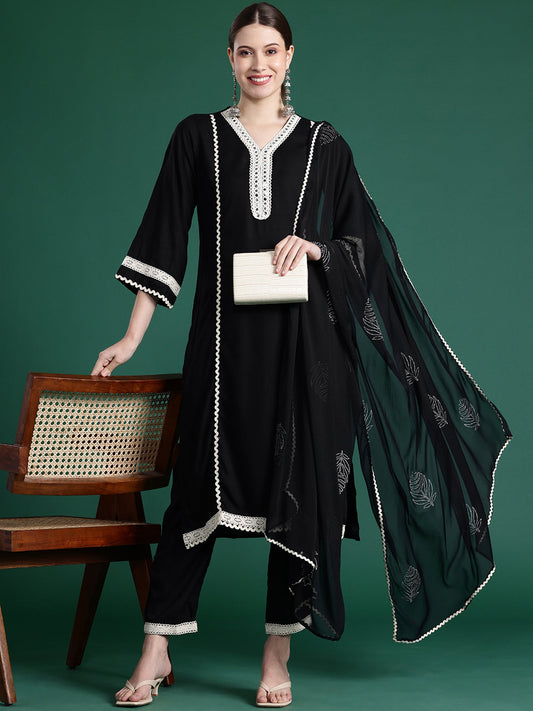 Women Black Embroidered Straight Kurta Trousers With Dupatta Set