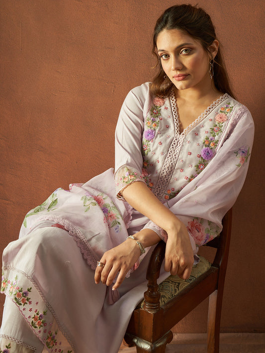 Women Lavender Embroidered Straight Kurta Trousers With Dupatta Set