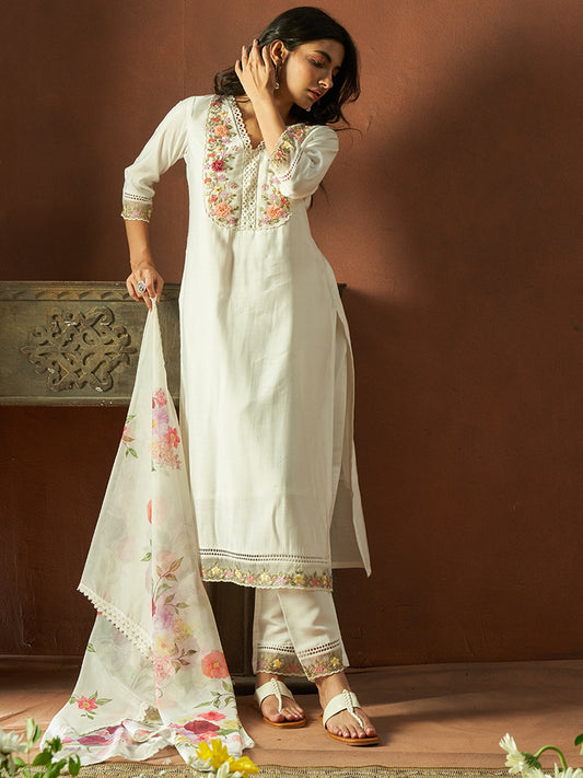 Women White Embroidered Straight Kurta Trousers With Dupatta Set