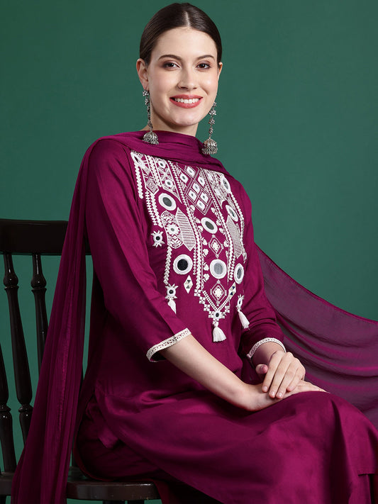 Women Burgundy Embroidered Straight Kurta Trousers With Dupatta Set