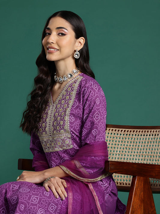 Women Purple Embroidered Straight Kurta Trousers With Dupatta Set