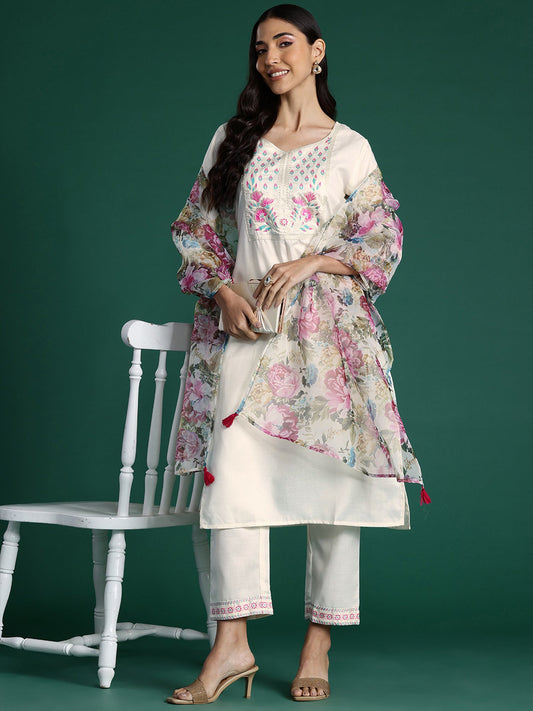 Women White Yoke Design Straight Kurta Trousers With Dupatta Set