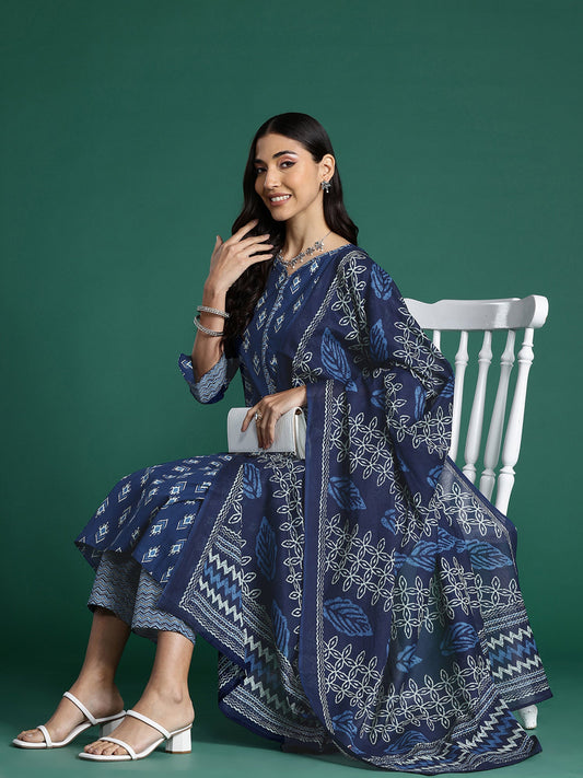 Women Blue Printed Straight Kurta Trousers With Dupatta Set