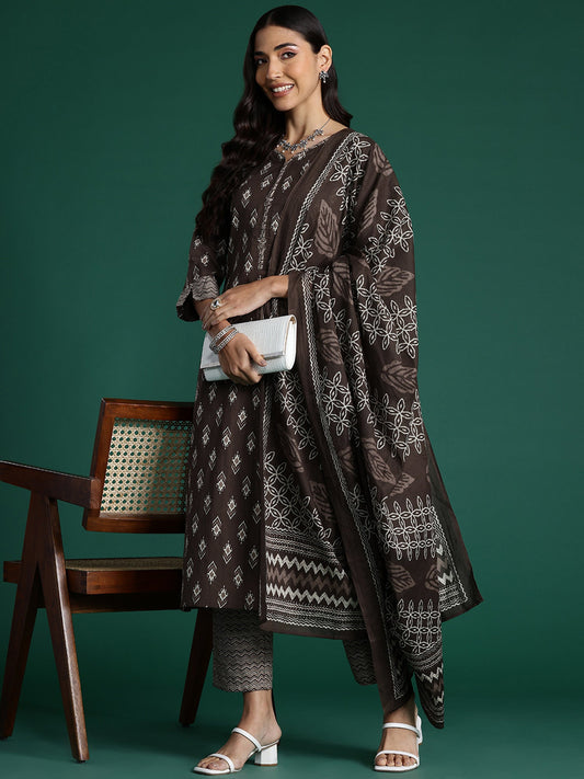 Women Brown Printed Straight Kurta Trousers With Dupatta Set