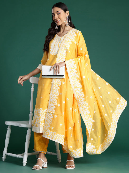 Women Yellow Woven Design Straight Kurta Trousers With Dupatta Set