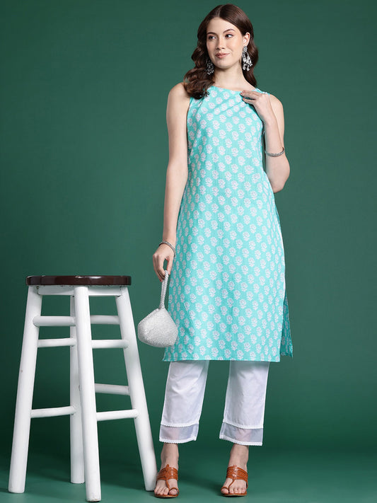 Women Blue Printed Straight Kurtas