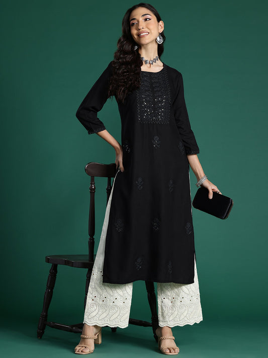 Women Black Embroidered Straight Kurtas