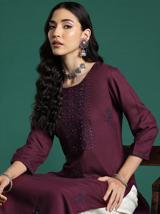 Women Burgundy Embroidered Straight Kurtas