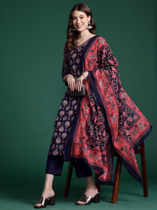 Women Navy Blue Printed A-Line Kurta Trousers With Dupatta Set