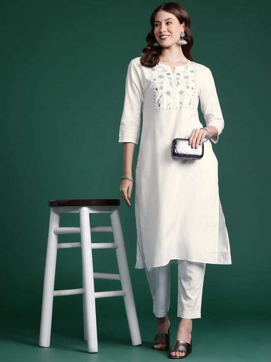 Women White Embroidered Straight Kurta Trousers Set