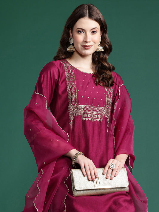 Women Burgundy Embroidered Straight Kurta Trousers With Dupatta  Set