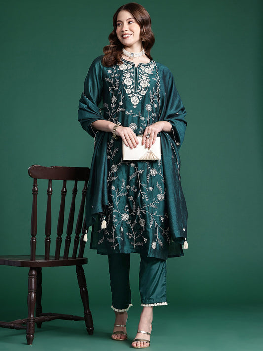 Women Teal Straight Embroidered Kurta Trousers With Dupatta Set