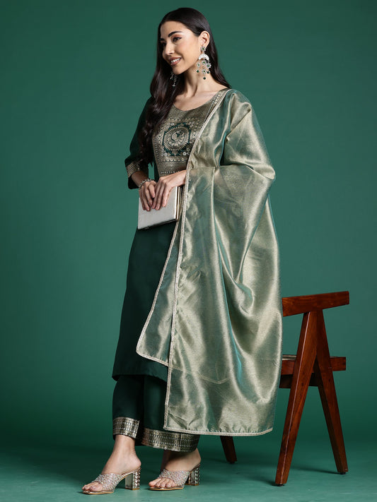 Women Green Yoke Design  Straight Kurta Palazzos With Dupatta Set