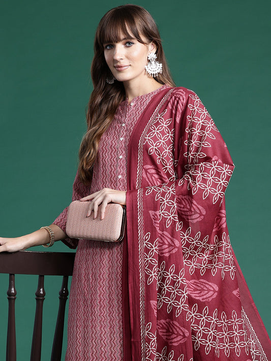 Women Pink Printed Straight Kurta Trousers With Dupatta Set