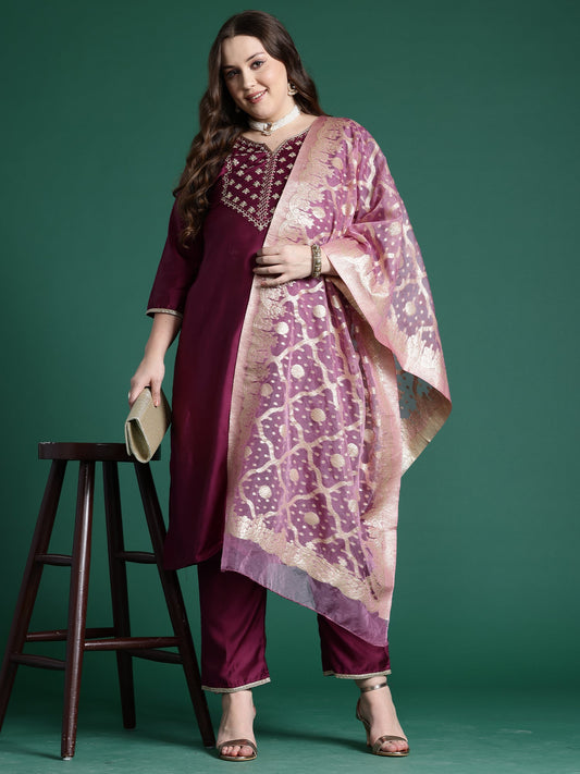 Women Purple Embroidered Straight Kurta Trousers With Dupatta Set