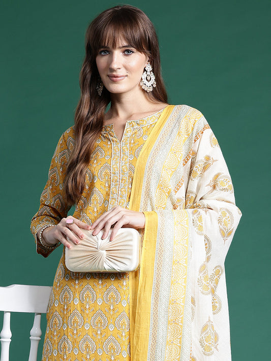 Women Yellow Printed Straight Kurta Salwar With Dupatta Set