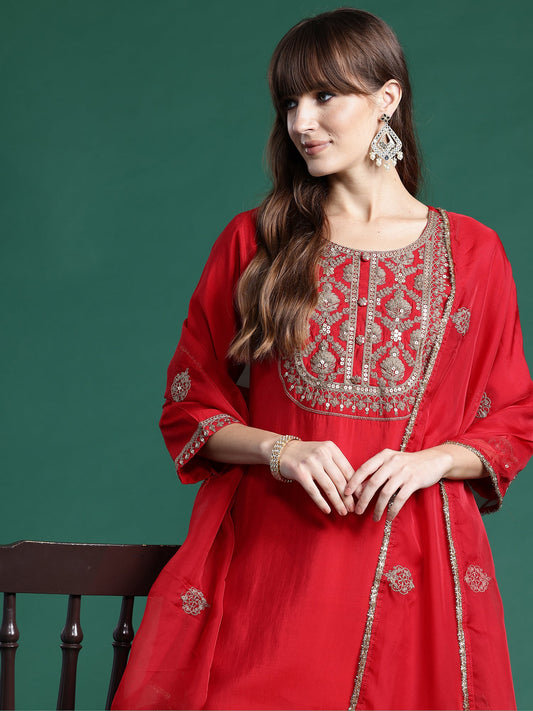 Women Red Embroidered Straight Kurta Trousers With Dupatta  Set