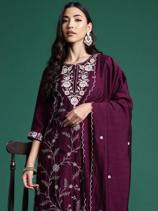 Women Burgundy Straight Embroidered Kurta Trousers With Dupatta Set