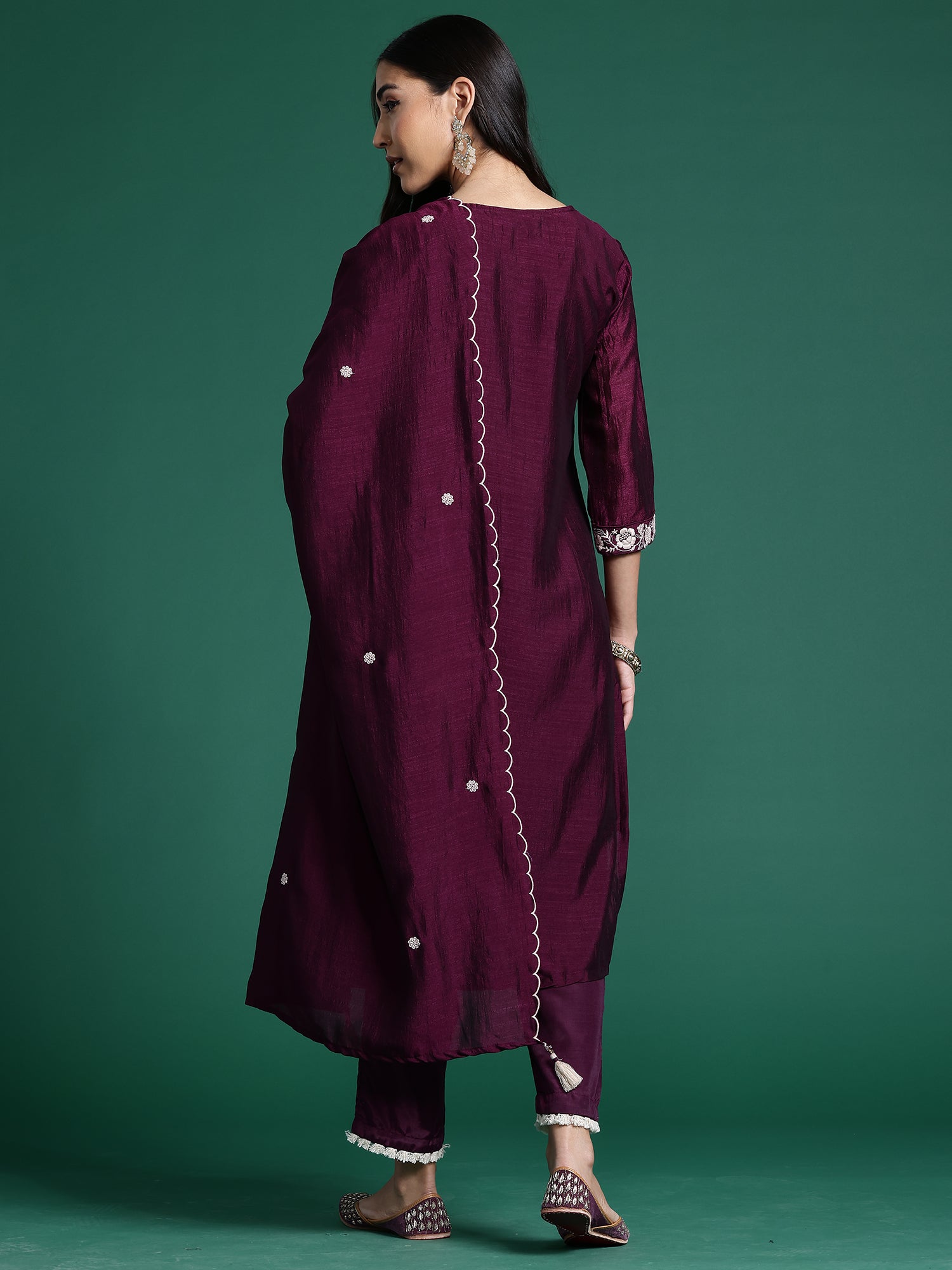 Women Burgundy Straight Embroidered Kurta Trousers With Dupatta Set