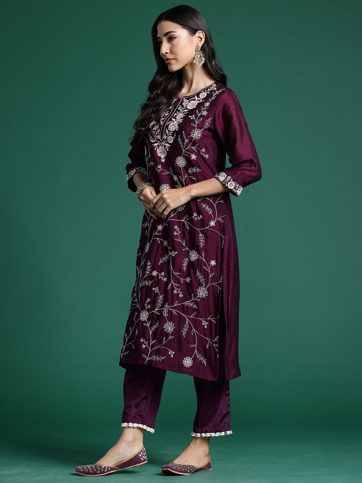 Women Burgundy Straight Embroidered Kurta Trousers With Dupatta Set