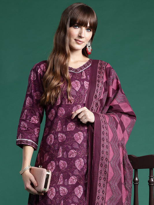 Women Burgundy Printed Straight Kurta Palazzos With Dupatta Set