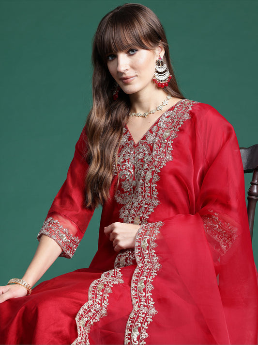 Women Red Embroidered Straight Kurta Trousers With Dupatta  Set