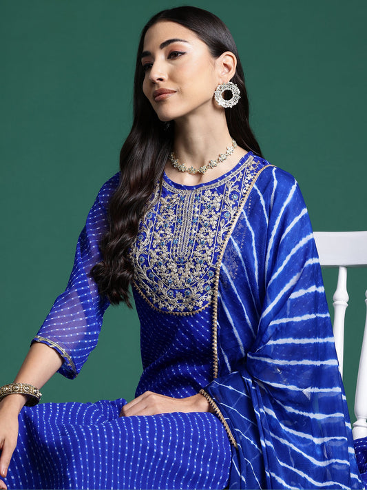 Women Blue Printed Straight Kurta Trousers With Dupatta Set