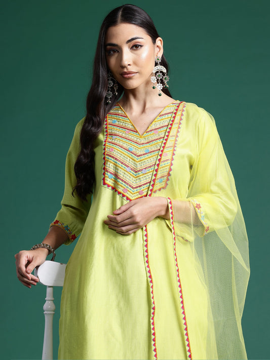 Women Green Embroidered Straight Kurta Trousers With Dupatta  Set