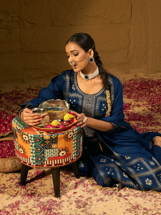 Women Blue Embroidered Straight Kurta Trousers With Dupatta Set