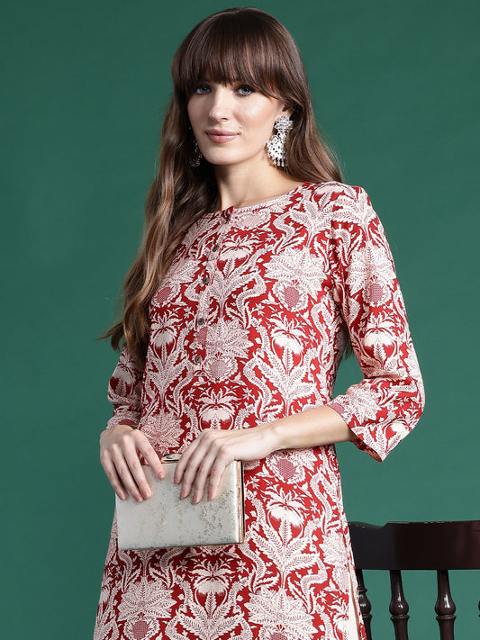 Women Red Printed Straight Kurtas