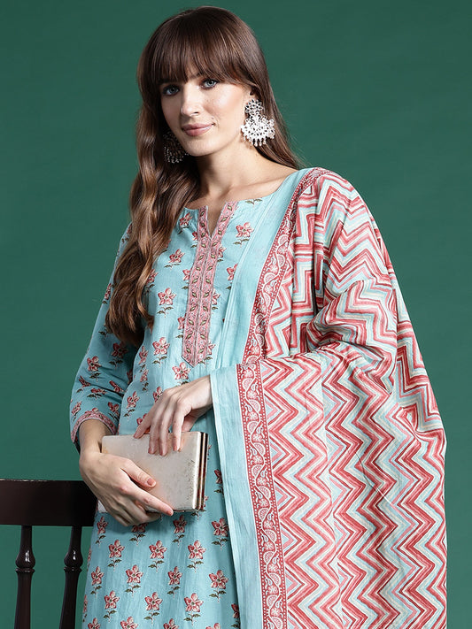 Women Blue Printed Straight Kurta Trousers With Dupatta Set