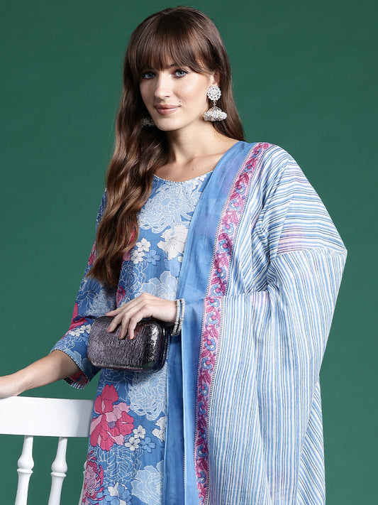 Women Blue Printed Straight Kurta Trousers With Dupatta Set