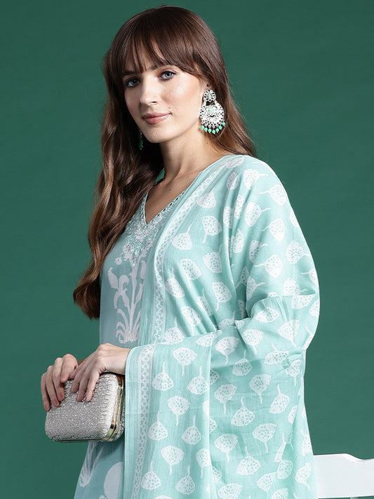 Women Green Printed Straight Kurta Trousers With Dupatta Set