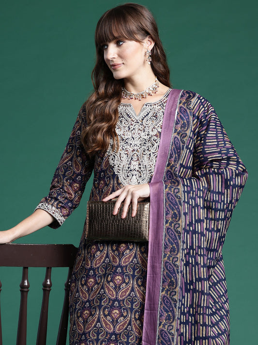 Women Navy Blue Printed Straight Kurta Trousers With Dupatta Set