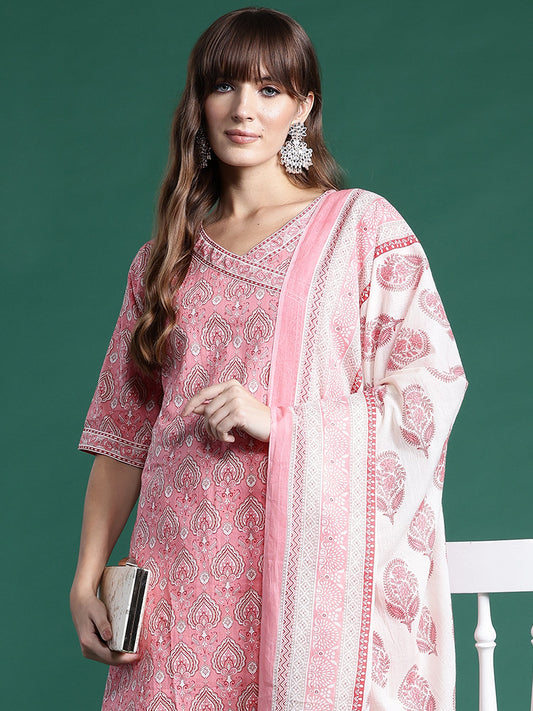 Women Pink Printed A-Line Kurta Trousers With Dupatta Set