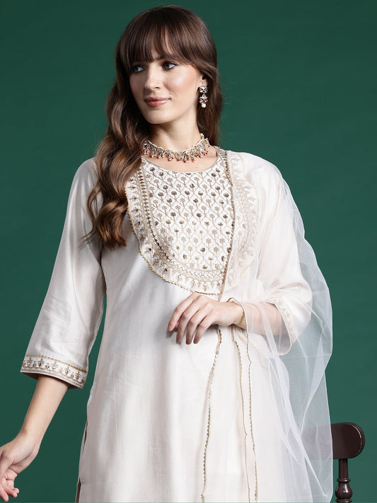 Women Off White Embroidered Straight Kurta Sharara With Dupatta  Set