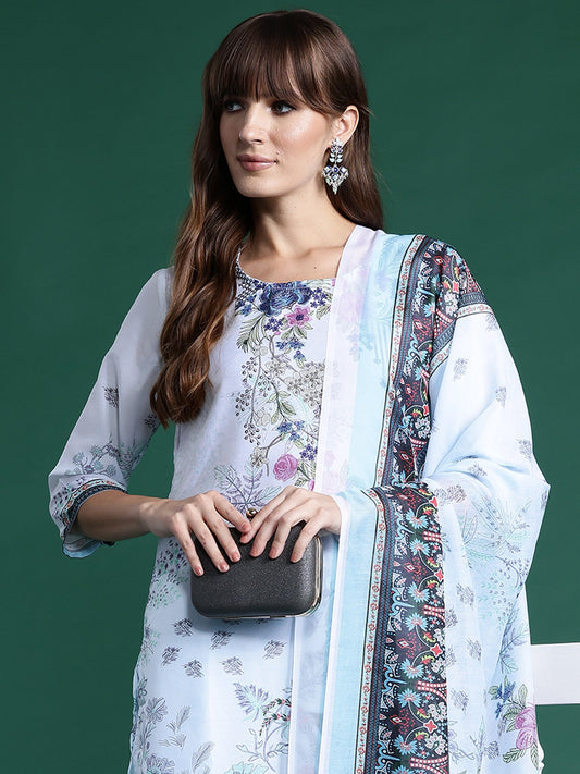 Women Blue Printed Straight Kurta Trousers With Dupatta Set