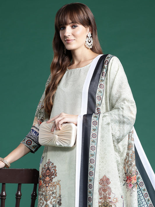 Women Green Printed Straight Kurta Trousers With Dupatta Set