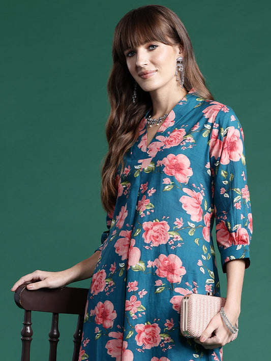 Women Teal Printed A-Line Kurta Trousers Set