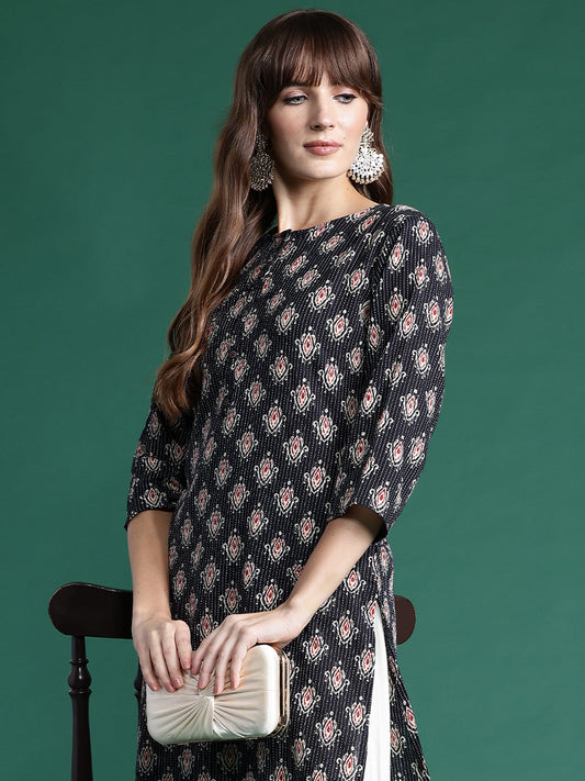 Women Black Printed Straight Kurtas