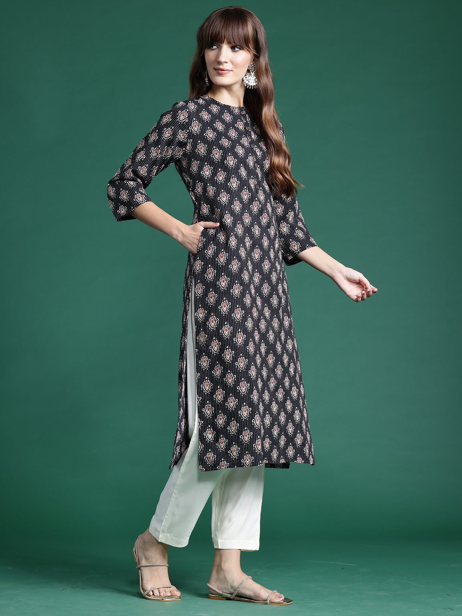 Women Black Printed Straight Kurtas