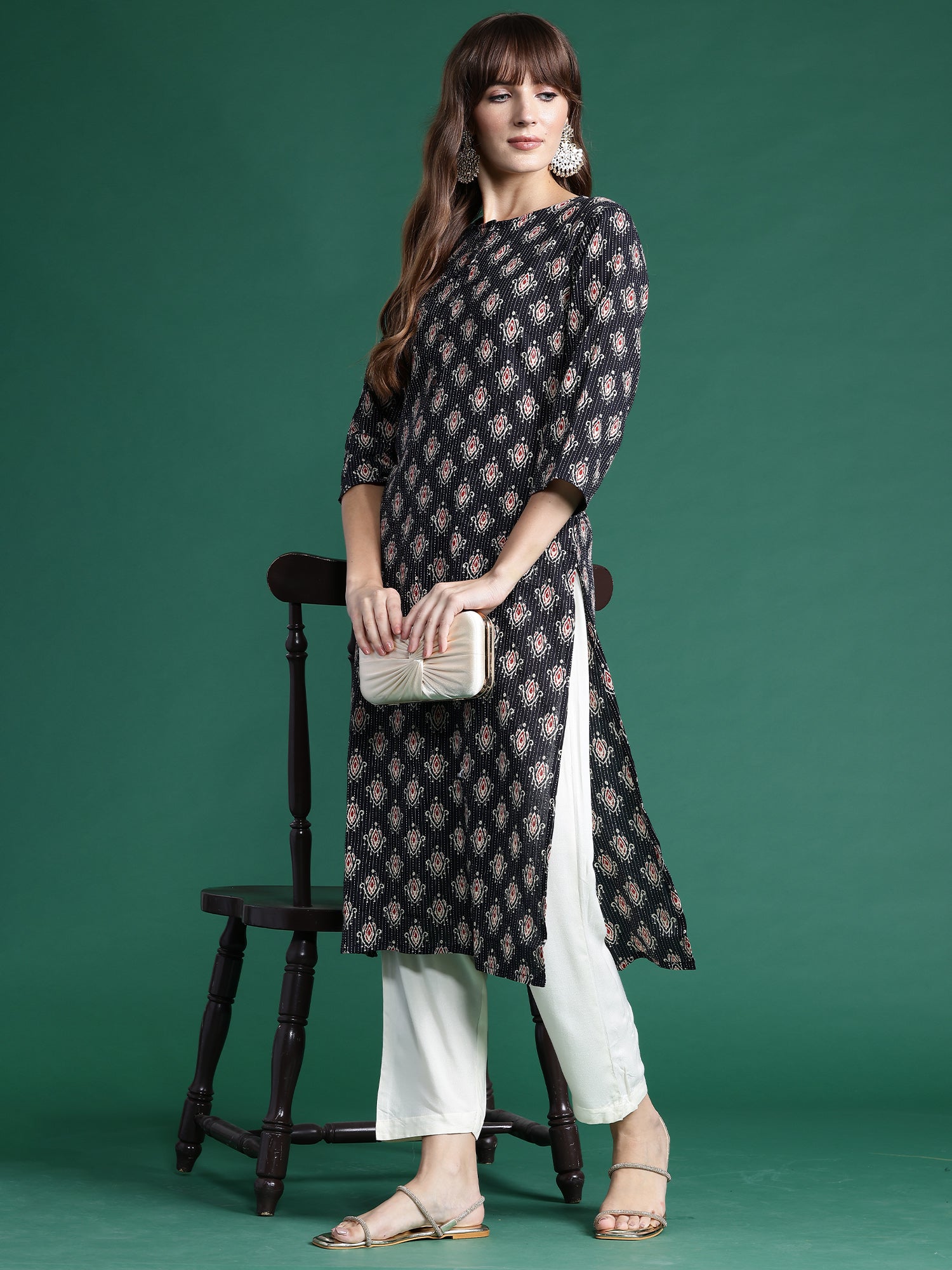 Women Black Printed Straight Kurtas